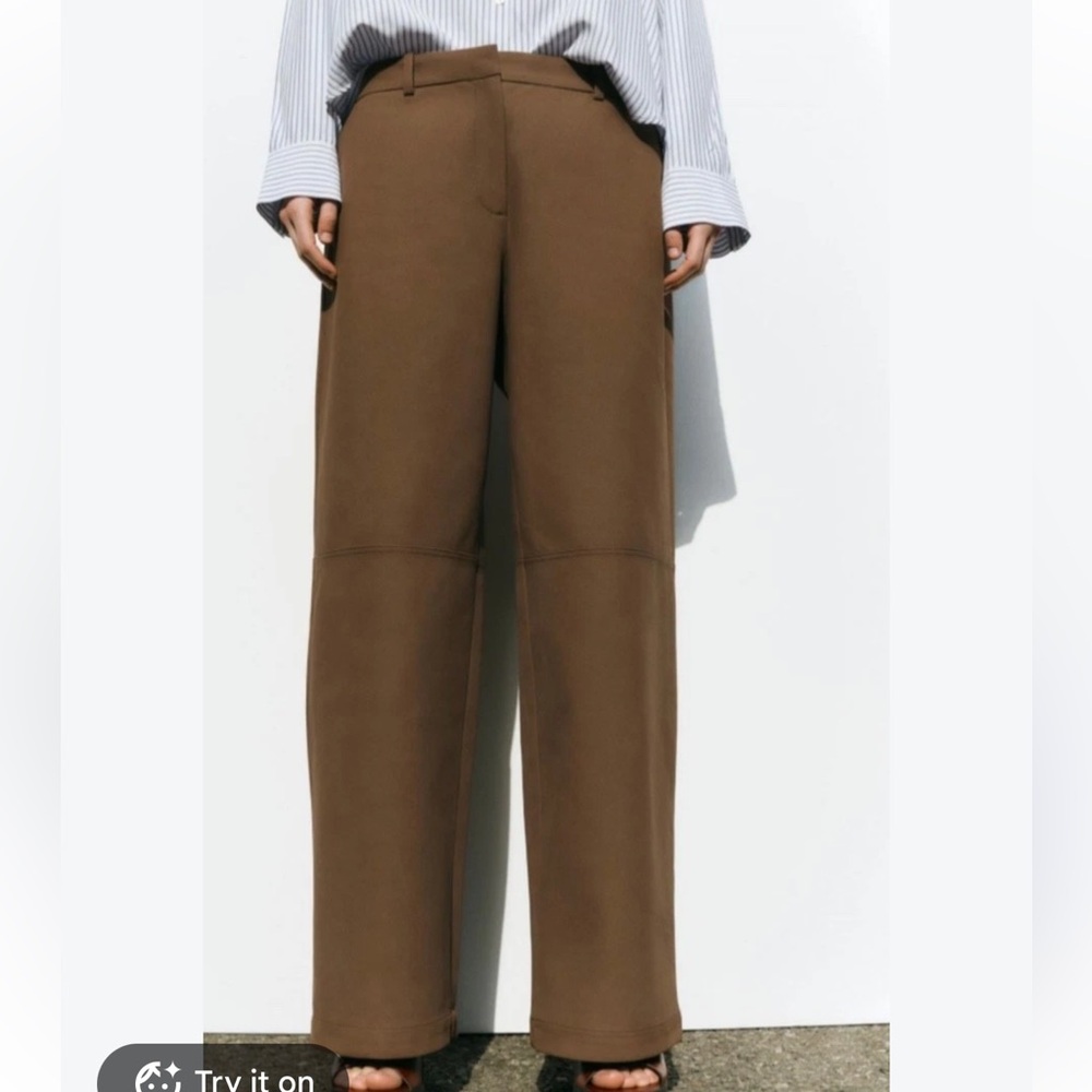 Zara Brown Faux Suede Straight Leg Trousers Pants Seam Knee Detail High Waist S
